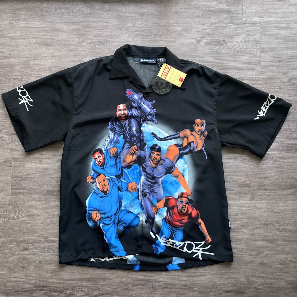 Veezo Vintage Mens Graphic Button Up Shirt Black Y2K Streetwear Retro New